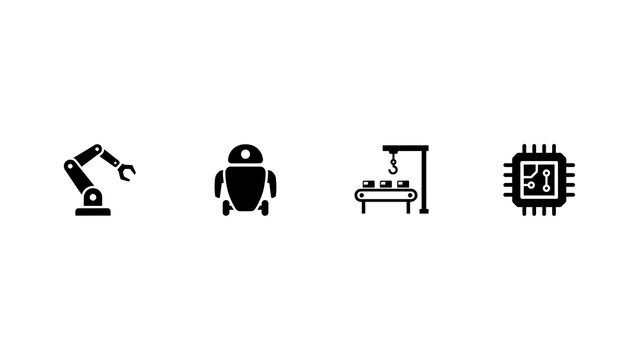 Robotic Arm Robot Conveyor Belt And Microchip Icons Flat Vector Set