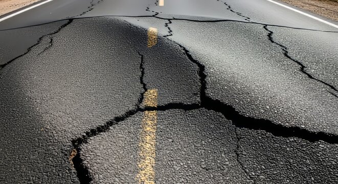 Extreme heatwave causes the asphalt road to buckle and warp. The black pavement surface is uneven and cracked from thermal expansion, thermal, expansion, temperature
