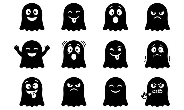 Collection of 12 unique cartoon ghost faces with various emotions and expressions