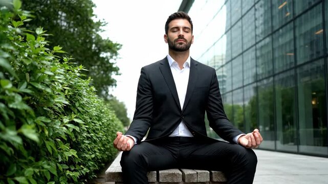 Young businessman meditating outdoors, finding peace and focus amidst urban environment.