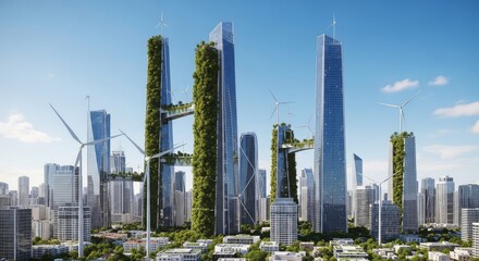 Naklejka premium A futuristic sustainable megacity integrates vertical forests with solar glass skyscrapers and wind turbines under a clear, bright sky, turbine, garden, habitat