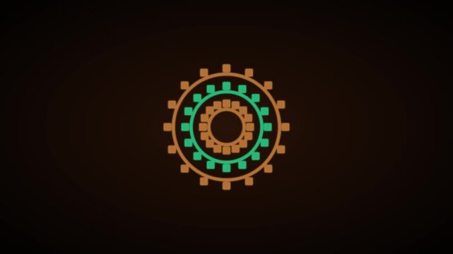 Rotating geometric gear animation with teal and brown abstract shapes on dark 4k background