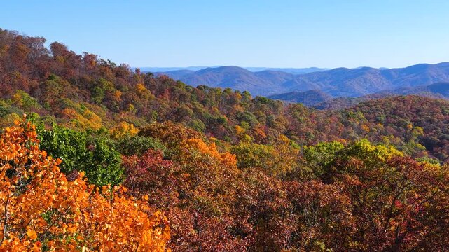 Scenic view of Appalachian Mountains in North Carolina covered with brilliant fall colors. Dense woodland creates breathtaking seasonal landscape.