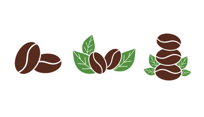 Obraz premium Various organic roasted coffee bean arrangements with fresh green leaves icons set over clean white background.