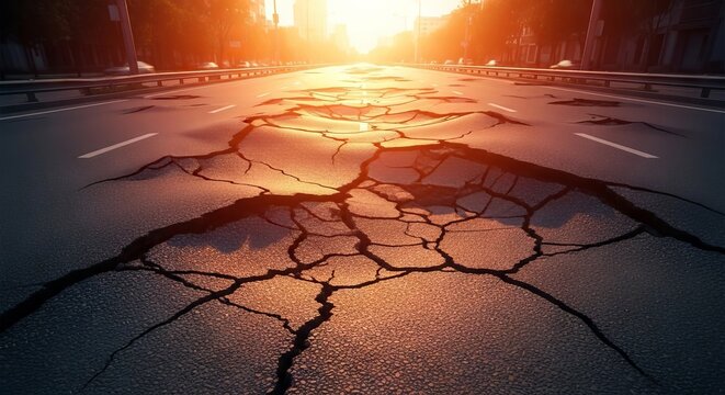 Intense heat causes extreme pavement deformation across a city street, with warped asphalt and deep cracks under a shimmering urban sun, cracked, heat, bend