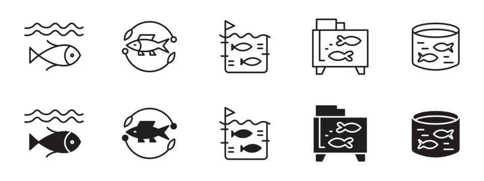 Aquaculture Fish Icon Set, Seafood Processing Industry and Pisces Breeding Vector Symbols