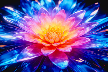 Obraz premium A close-up view of a glowing lotus flower with glossy translucent petals in vibrant gradient colors, creating an ethereal artistic visual effect.