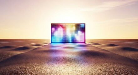 Fototapeta premium Glowing electronic display panel illuminates a shimmering asphalt highway during a severe heatwave, set against a bright sun-drenched sky, road, panel, transportation
