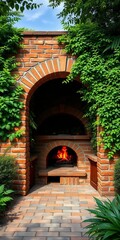 Fototapeta premium Archway brick oven surrounded by lush greenery, backyard, archway