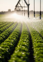 Naklejka premium Modern automated irrigation nozzles spray fresh water over rows of green crops under a bright, hazy sun during a harsh summer heatwave, precision, sustainability, harvest