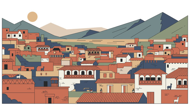 Peruvian mountain village illustration featuring traditional architecture cute llamas and a soft setting sun.