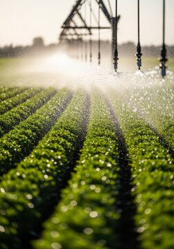 Modern automated irrigation nozzles spray fresh water over rows of green crops under a bright, hazy sun during a harsh summer heatwave, precision, sustainability, harvest