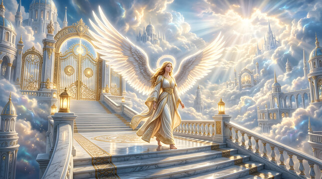 Majestic angel with wings walking on heavenly staircase in ethereal light