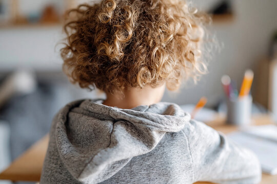 Child with curly hair sits at desk. Fingers rest near pencil cup. Grey hoodie drapes soft shoulders. Back turned, face unseen. Focused, quiet, studious mood. Ideal for school, learning