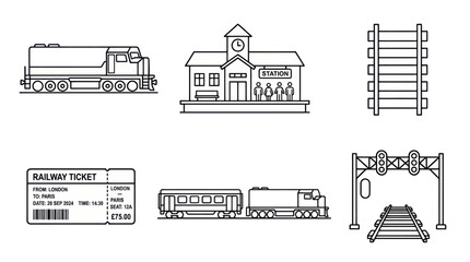 Railway and train transport icon set line art. © pangestu