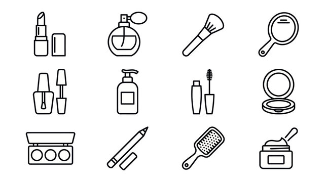 Beauty cosmetic products and makeup tool icons