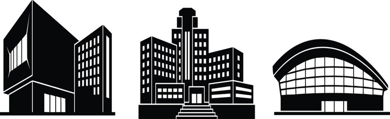 Modern public buildings collection including university campus corporate headquarters and stadium arena black silhouettes vector icons © Mdjoshelahamed4400 