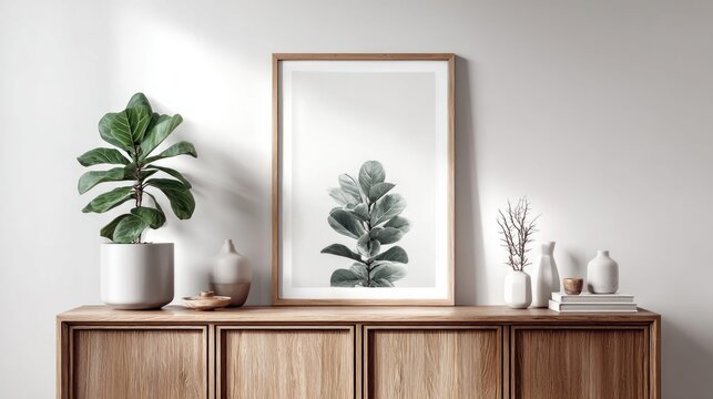 Minimalist home decor with potted fiddle leaf fig plant and framed art