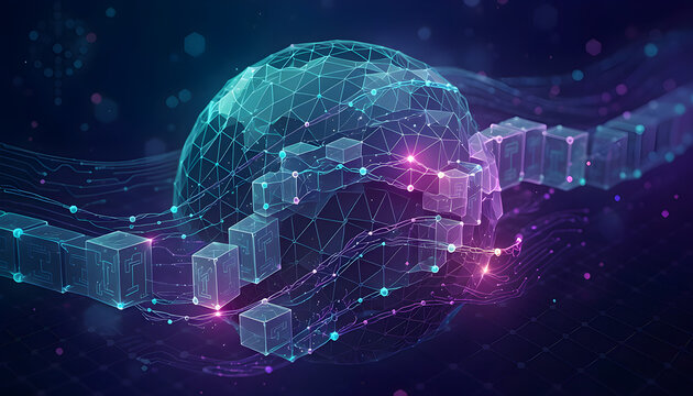 Abstract digital background featuring a glowing wireframe sphere and floating data blocks in cyberspace.