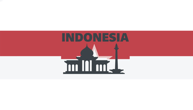 Flag of Indonesia featuring a silhouette of a traditional mosque and the National Monument of Jakarta under the word Indonesia.