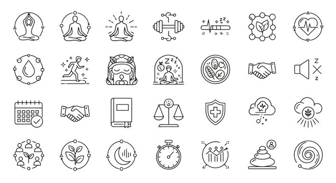 Healthy lifestyle and fitness activity icons collection with wellness symbols.