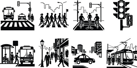 City transport and urban traffic vector icon set featuring pedestrians crosswalks buses taxis and commuter street traffic © MdMonowar