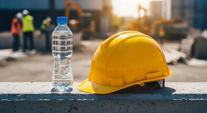 Bright sunlight glints off a yellow hard hat and a plastic water bottle resting on a rugged concrete ledge at a busy outdoor work site, outdoor, helmet, tools