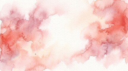 Fototapeta premium An elegant abstract watercolor background composition featuring beautiful textures of soft coral pink, peach, and mauve washes framing a clean white space in the center.