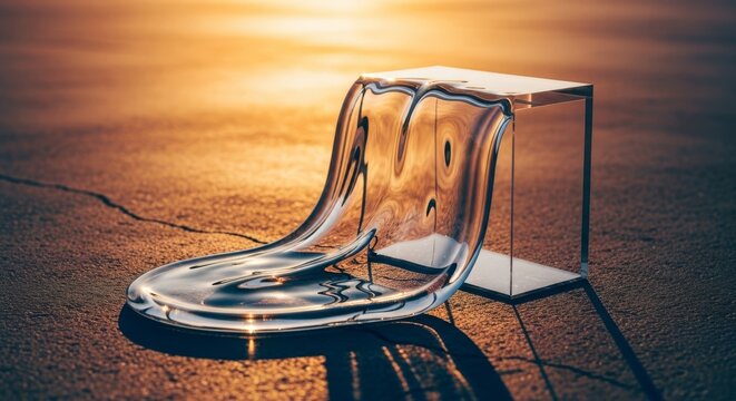 A thick transparent acrylic display stand warps and sags on a sun-drenched concrete surface during an intense, record-breaking heatwave, physical, damage, warmth
