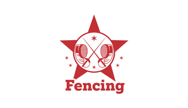 Red fencing sport emblem featuring crossed swords and fencing masks inside a big star with the word Fencing below.