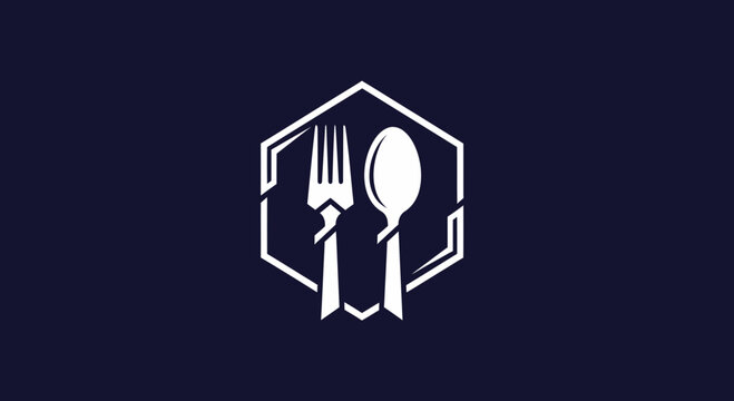 Minimalist Restaurant Logo Featuring Fork, Spoon, And Hexagonal Shape On Dark Background