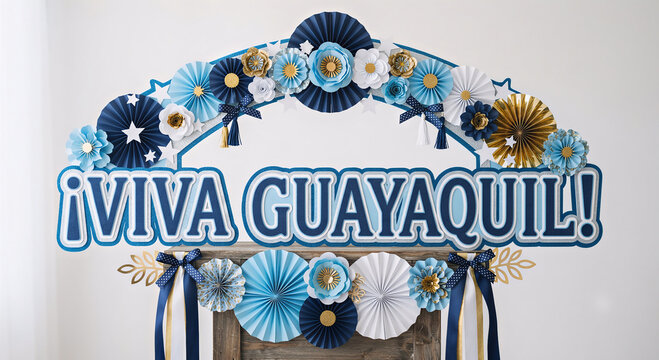 Texto de VIVA GUAYAQUIL hecho de manualidades de papel y fomix con detalles de escarapela