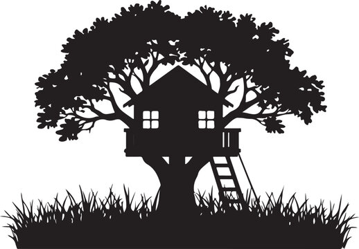 Treehouse silhouette, black treehouse in a tree