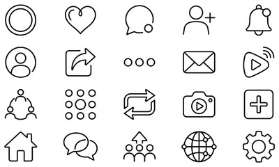 Fototapeta premium Social media interface linear icons set for mobile apps and website navigation