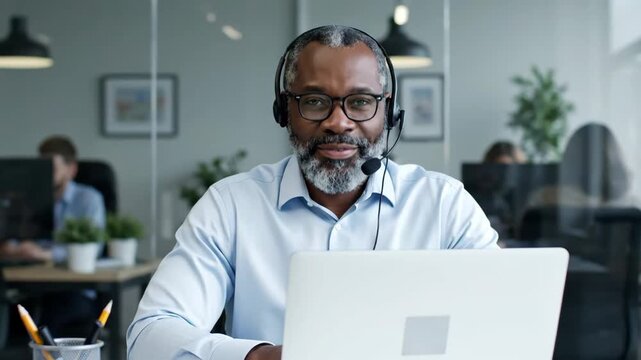 Smiling African American man wearing headset with microphone working on laptop in modern office.