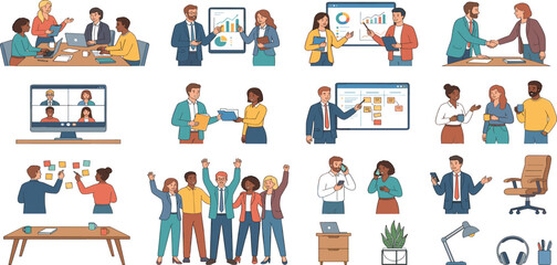 Fototapeta premium Business corporate workforce scene bundle with teams collaborating video conferencing presentation and workspace elements vector.