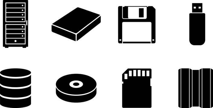 Collection of black flat data storage and memory icons featuring server, database, usb, and floppy disk symbols.
