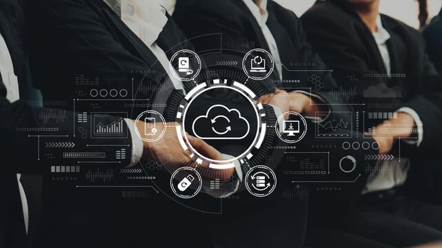 Business Professionals Collaborating on Cloud Technology Solutions with Digital Data Interfaces Representations in a Modern Office Environment. Entropy.