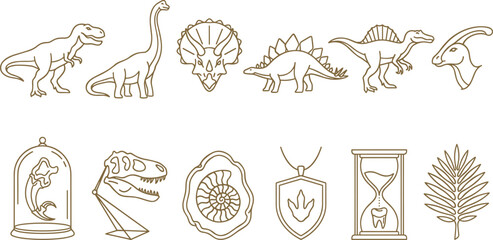 Prehistoric Dinosaur Museum Line Art Icon Set with Tyrannosaurus, Sauropod, Stegosaurus, Fossils, Hourglass, Fern Leaf, and Paleontology Collection © MstSuborna