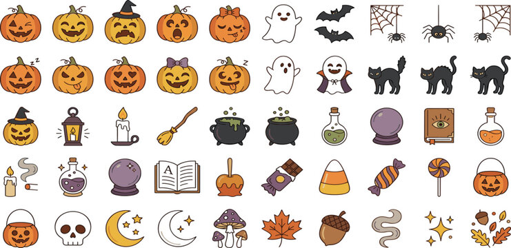 Cute Halloween icons collection with spooky pumpkins ghosts cats skulls cauldrons candy and autumn vector elements.