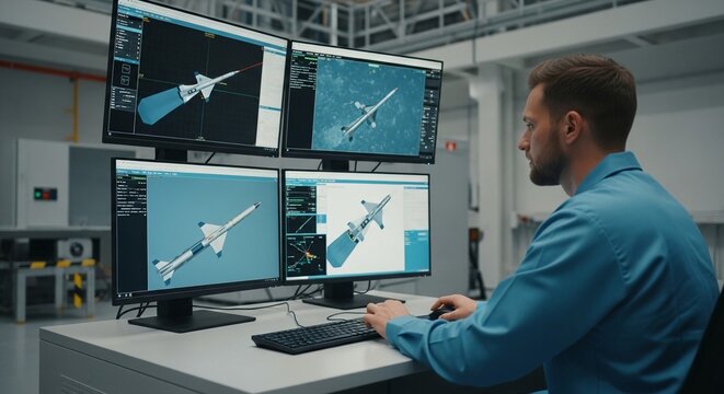 Hypersonic Defense Engineer Analyzing Missile Designs on Multiple Computer Monitors in a High-Tech Lab