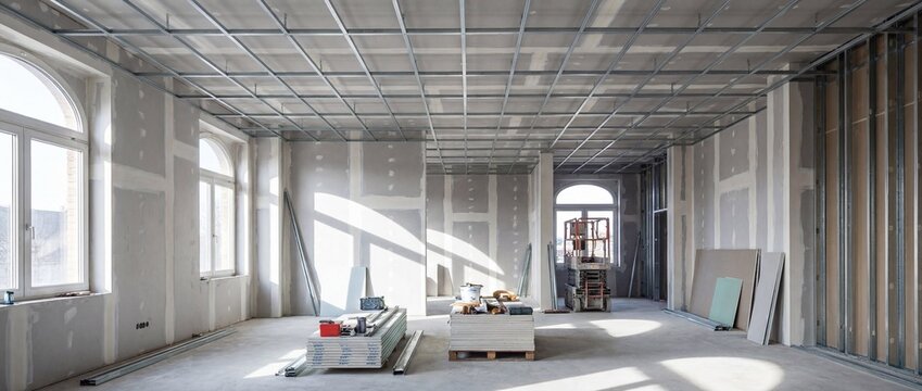 Interior view of an unfinished spacious commercial room under construction with metal ceiling grid and drywall partition walls