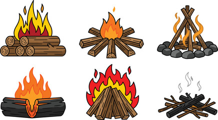 Cartoon Campfire and Bonfire Vector Icon Set Featuring Burning Wood Logs Flame Styles Outdoor Camping Site and Ash with Smoke Illustration © MstAkhlima