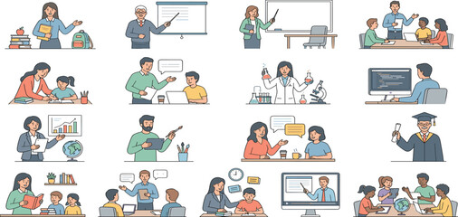 Fototapeta premium School education learning scenes bundle with teachers mentoring students and classroom academic activities vector illustration.