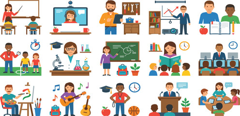 Fototapeta premium School education flat icon bundle with classroom learning teaching activities graduation and sports vector illustration.
