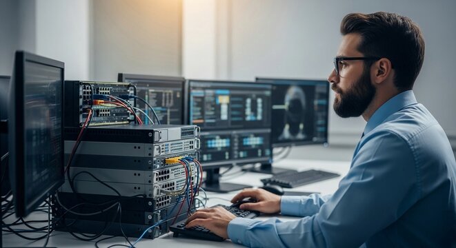 IT professional managing data network security systems in a server room with multiple monitors and hardware