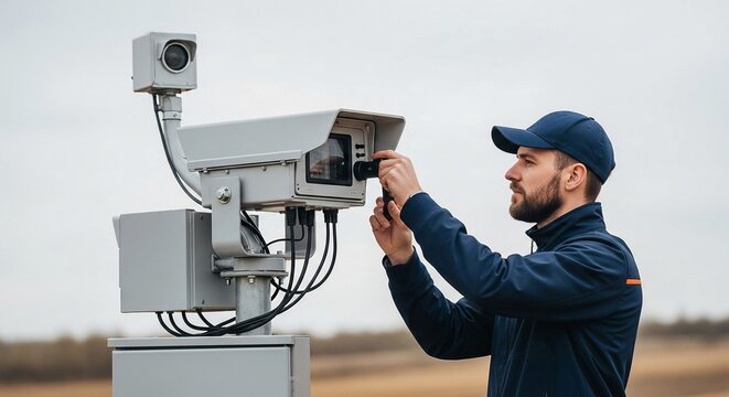 Man Adjusting Surveillance Camera System for Outdoor Security Monitoring