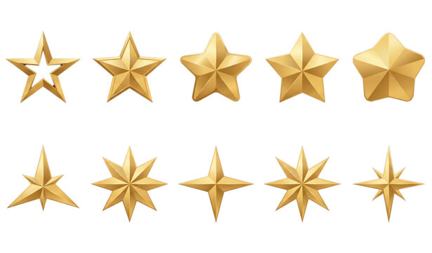 Premium golden star and metallic award badge vector element set with minimalist 3D gold five pointed star compass north star and rating symbols isolated on black background