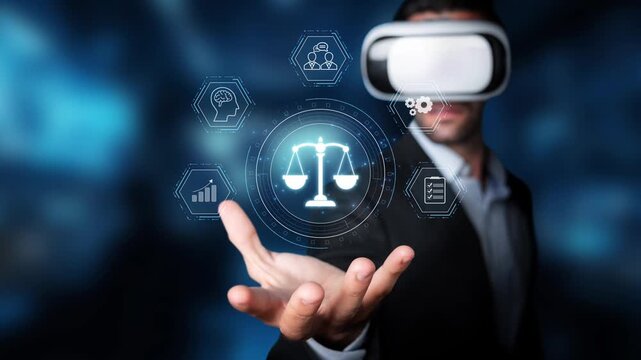 A business professional engages with virtual reality technology, exploring modern legal concepts through digital scales and immersive data visualization in a futuristic setting. Raster