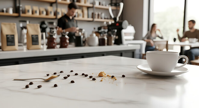 Coffee shop counter with spilled beans, spoon, and cup of coffee, blurred baristas and customers in background